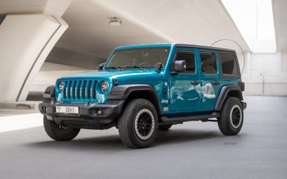 Blue Jeep Wrangler Limited Sport Edition convertible 2020 for rent in Dubai