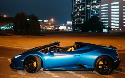 Blue Lamborghini Evo Spyder 2021 for rent in Dubai