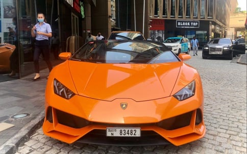 Orange Lamborghini Evo Spyder, 2021 for rent in Dubai
