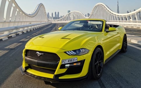 Yellow Ford Mustang Eco Boost cabrio, 2019 for rent in Dubai