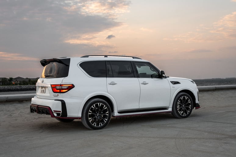 Nissan Patrol V8 with Nismo Bodykit and latest generation interior (White), 2021 for rent in Dubai