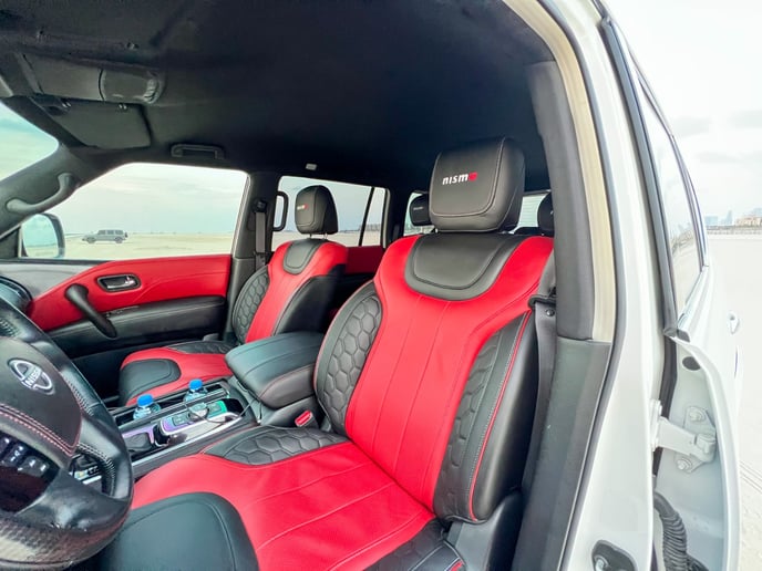 Nissan Patrol V8 with Nismo Bodykit and latest generation interior (White), 2021 for rent in Dubai